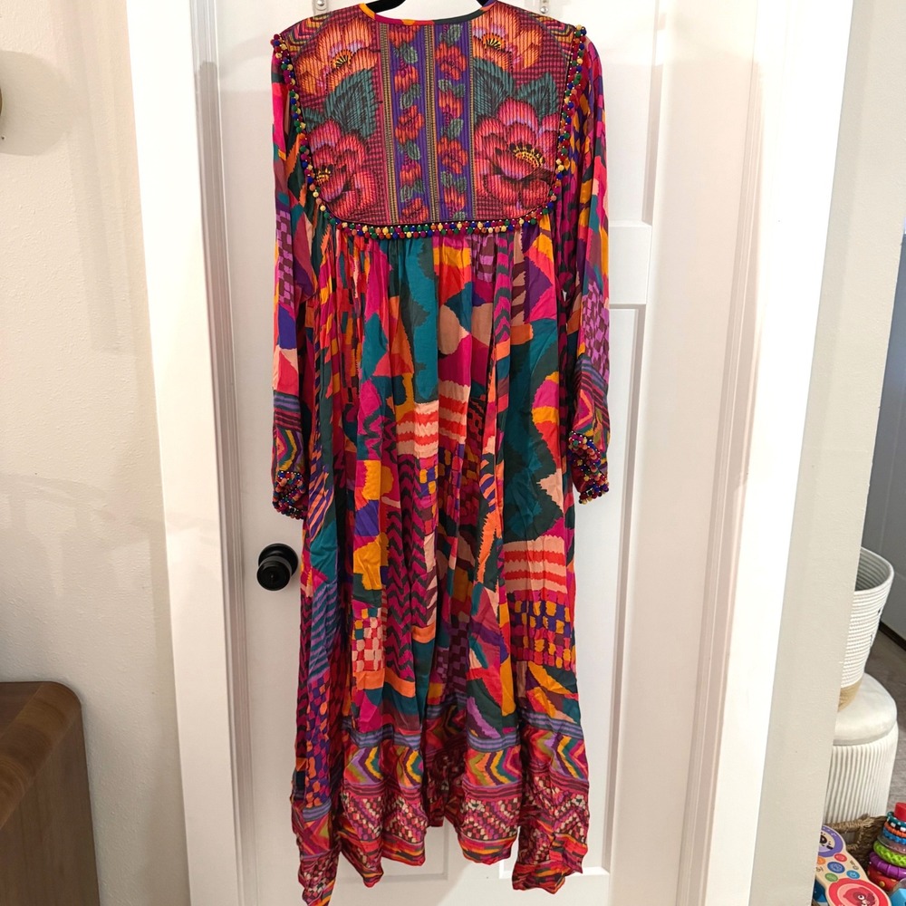 Farm Rio Red Abstract Patches Kaftan Dress Embroidered Pom Pom Maxi Large Boho - Picture 7 of 7